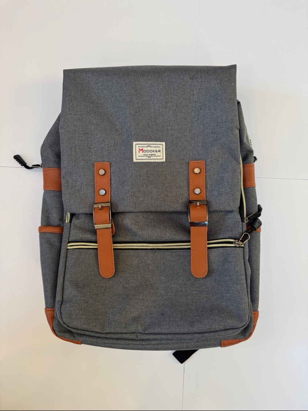 Grey Canvas Backpack with Brown Trim - Modern Everyday Pack